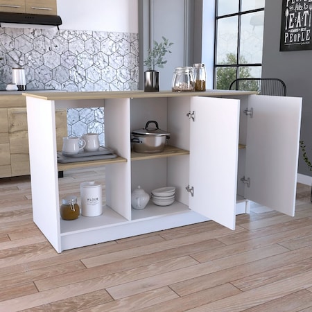 Tuhome Juniper Kitchen Island, Four Open Shelves, Two Cabinets, Light Oak/White IDB7164